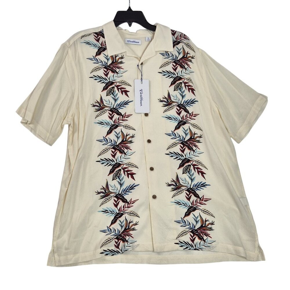 Caribbean Roundtree & Yorke Men's Shirt Size XL Ivory Hawaiian Floral (62)